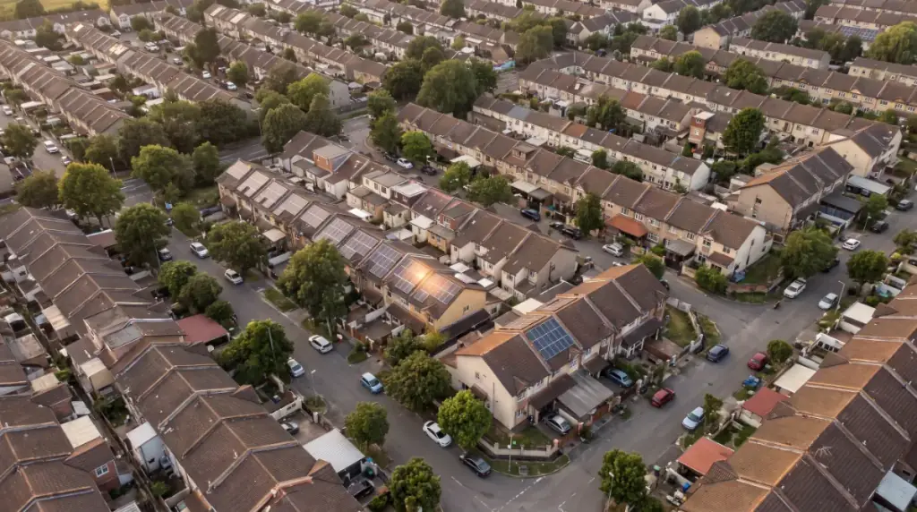 Aerial view of rooftops in Padi with solar panels on several terraces