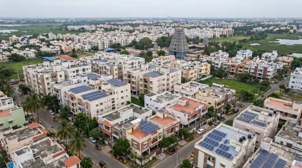 Aerial view of rooftops in Pallikaranai with solar panels on several terraces