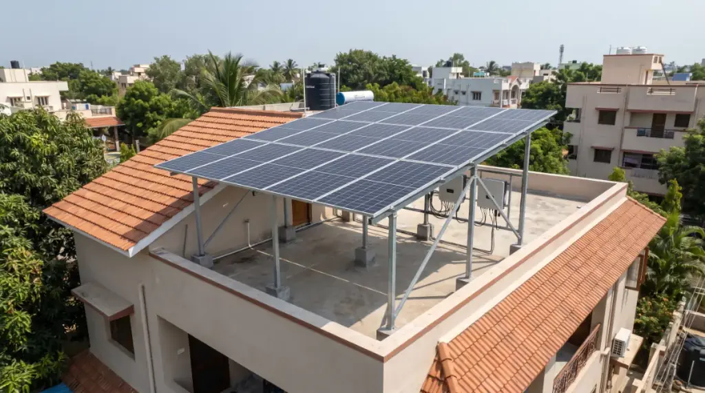Rooftop solar system on an elevated structure over a bungalow in Perungalathur