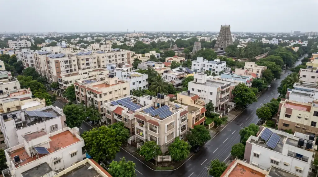 Aerial view of rooftops in Perungudi with solar panels on several terraces