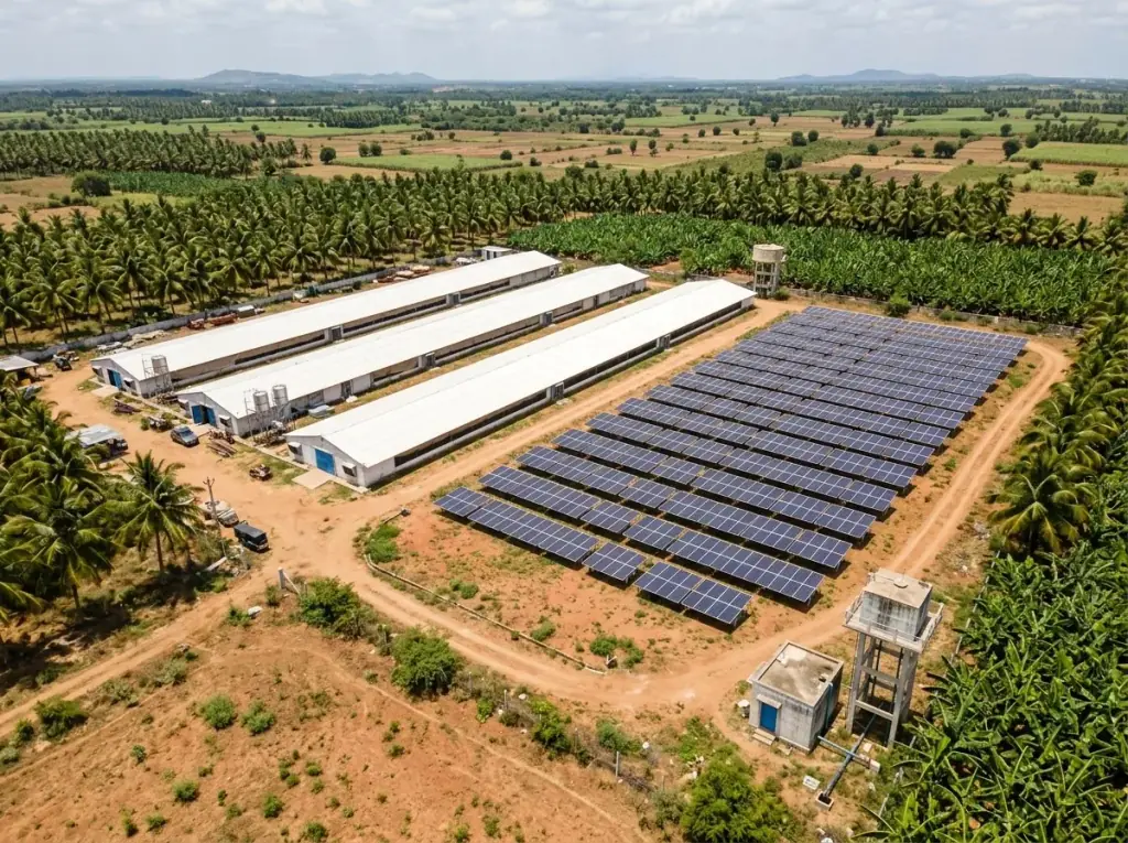 Ground-mount solar array on a poultry farm in Tamil Nadu, with the land around the rows still in use