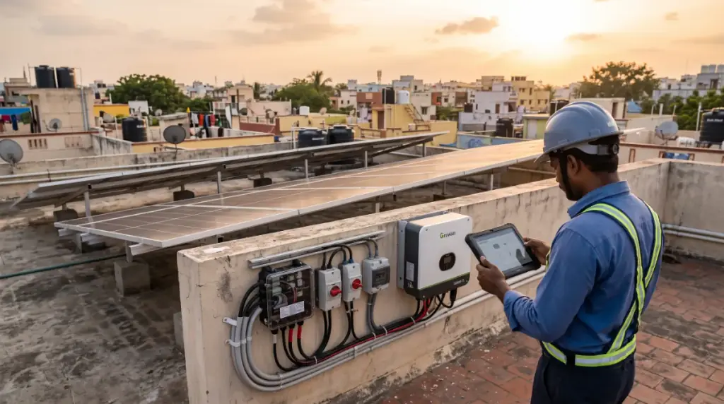 Solar installers at work on a rooftop in Puzhal — an engineer commissioning a system on a tablet beside a wall-mounted inverter