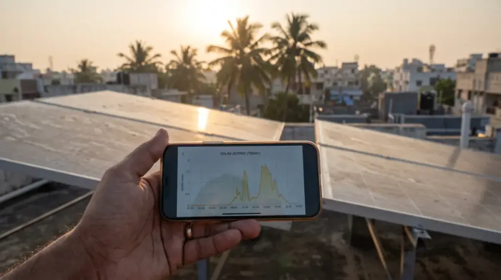 A hand holding a smartphone showing a solar generation graph, rooftop solar in Ramapuram