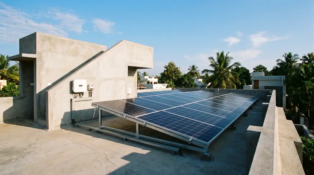 Newly commissioned rooftop solar array on a house with a wall-mounted string inverter and metering box