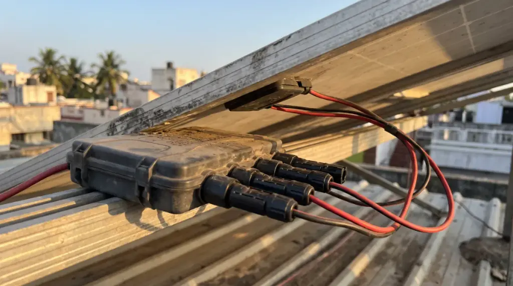 A close-up of a solar panel junction box and MC4 connectors on the underside of a module, rooftop solar in Saidapet