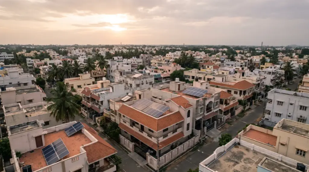 Aerial view of rooftops in Salem with solar panels on several terraces
