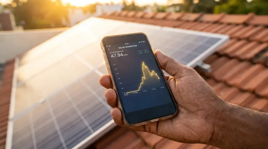 A hand holding a smartphone showing a solar generation graph, rooftop solar in Salem