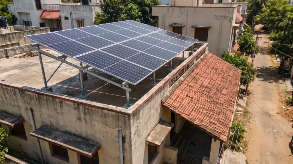 Rooftop solar system on an elevated structure over a bungalow in Saligramam