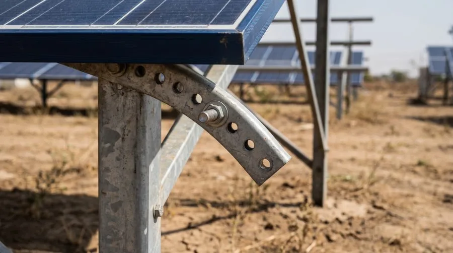 Adjustment bracket with a row of bolt holes on the rear leg of a seasonal-tilt solar mounting structure