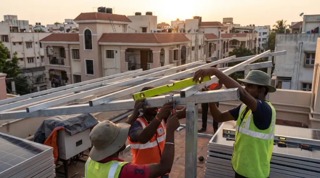 Solar installers at work on a rooftop in Shenoy Nagar — a crew levelling a galvanised mounting structure with a spirit level before panels go on