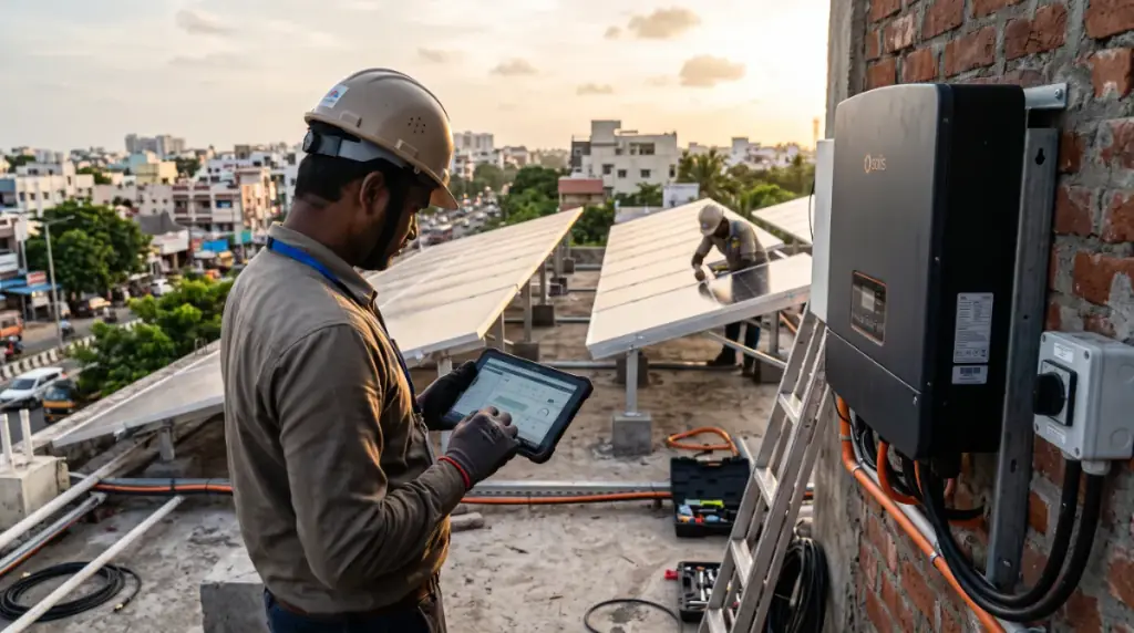 Solar installers at work on a rooftop in Sholinganallur — an engineer commissioning a system on a tablet beside a wall-mounted inverter