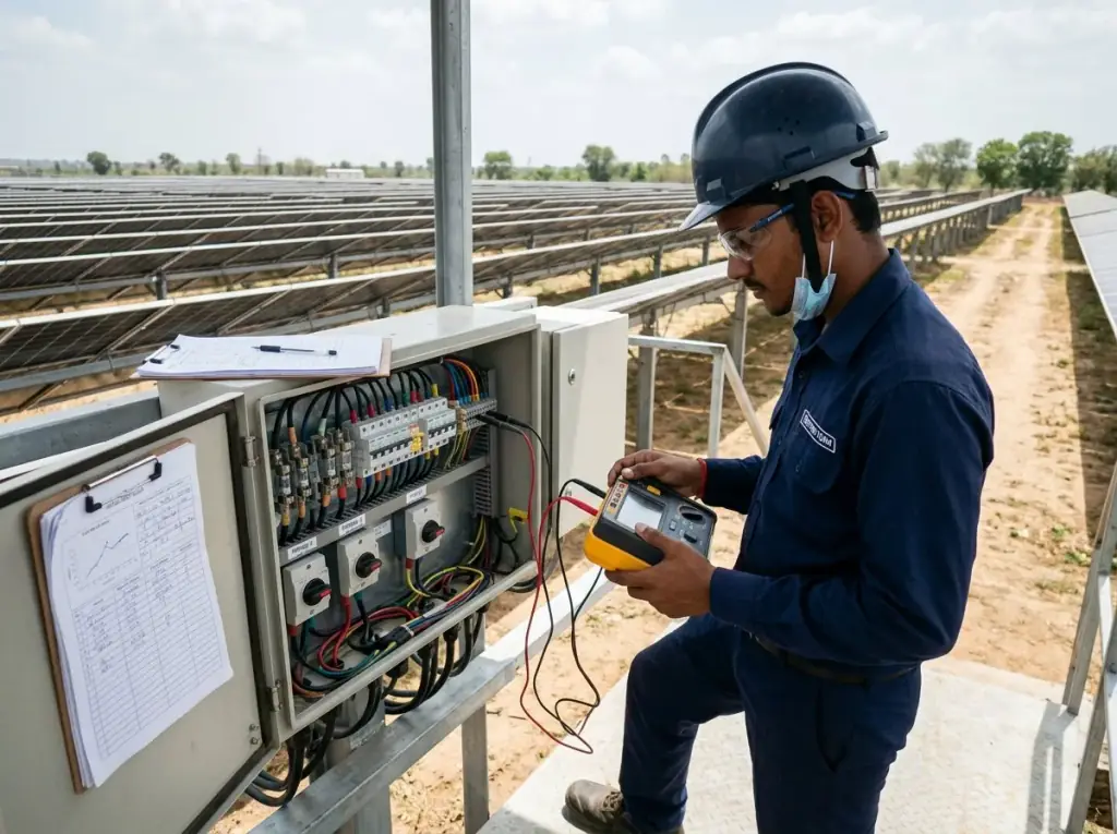 Technician testing insulation resistance at an open string combiner box with recorded results on a clipboard