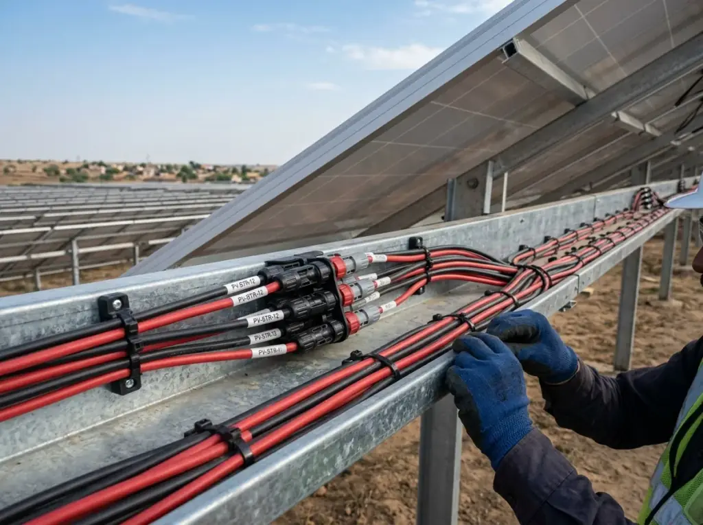 Solar DC cables bundled and clipped along a galvanised cable tray with labelled connectors