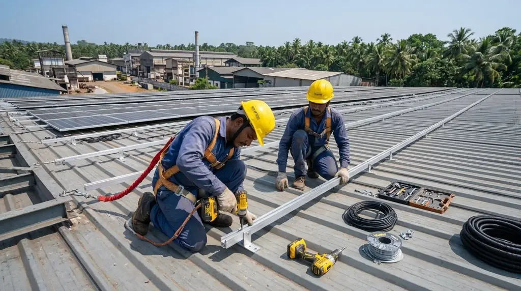 Installers bolting mounting rails to a factory sheet roof beside a partly completed row of solar modules