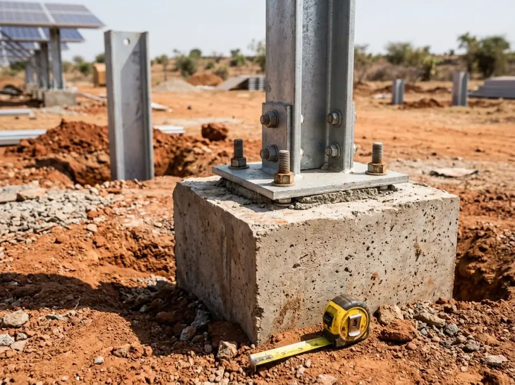 Concrete pedestal foundation for a ground-mount solar structure with the base plate and anchor bolts set