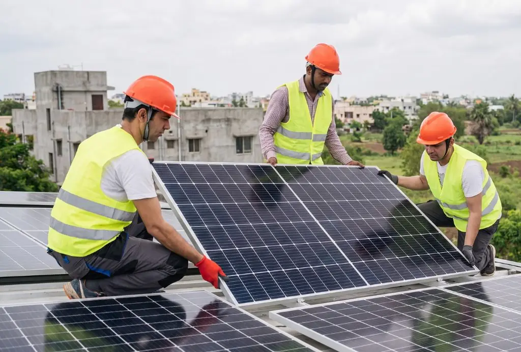 6 kW rooftop solar system being fixed by an installation team