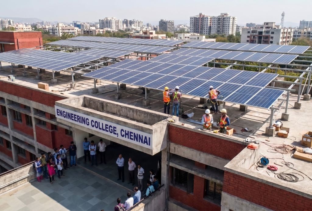 Solar panels mounted over an engineering college roof in Chennai