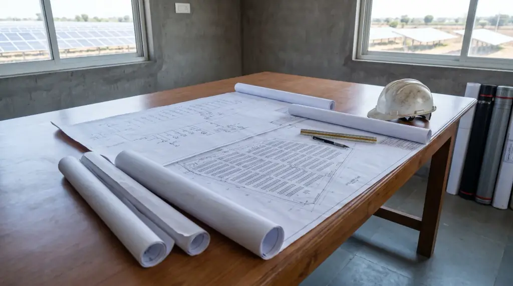 Engineering drawings for a solar plant spread on a table with a single line diagram, a site layout plan, a scale rule and a hard hat