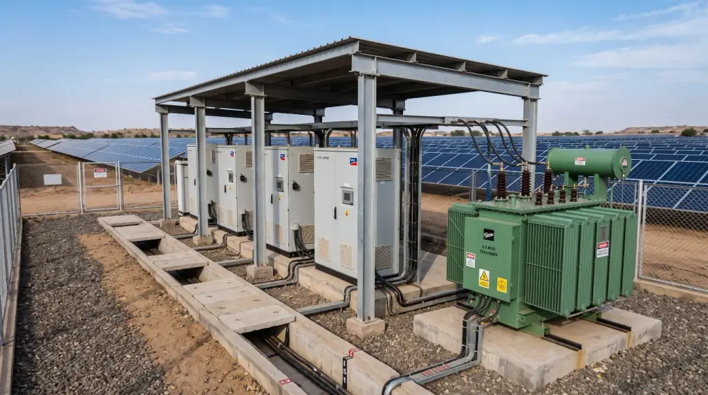 Central inverter cabinets under a steel canopy beside an oil-filled distribution transformer with cable trenches at a solar plant