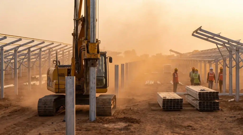 Pile driving rig setting a galvanised steel pile at a ground-mount solar site, with installed pile rows and part-assembled module tables behind