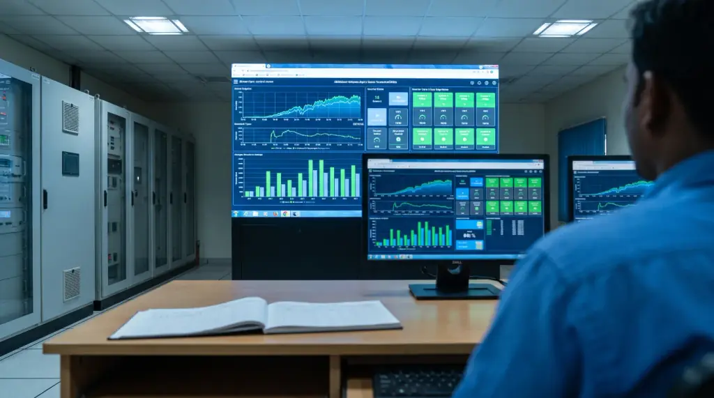 Control room screens showing a solar plant generation dashboard with output graphs and inverter status tiles
