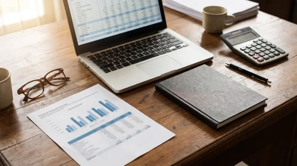 A project finance desk with a laptop spreadsheet, printed financial statements, a bound project report and a calculator