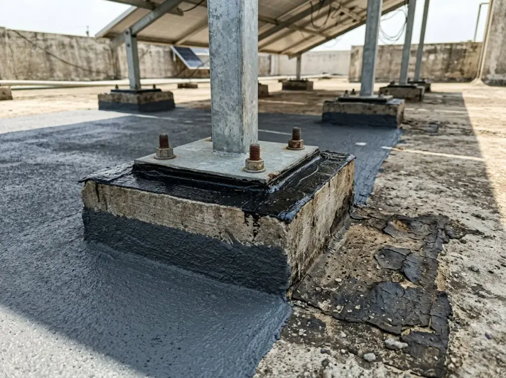 Base plate bolted to a concrete plinth with fresh waterproofing dressed around the penetration, beside an older weathered patch