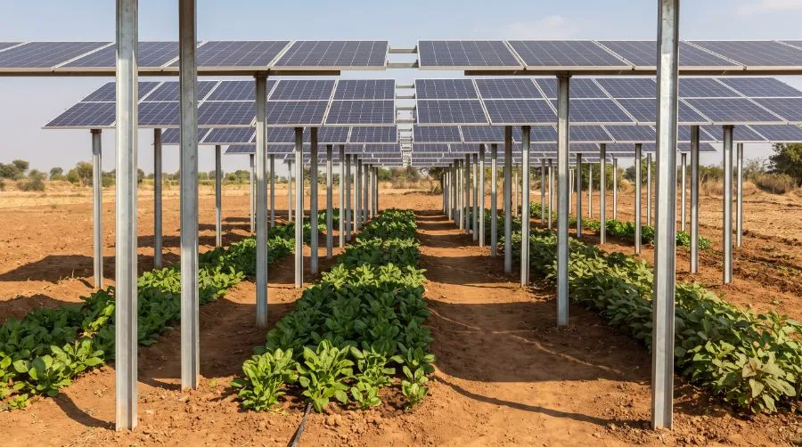 Solar panels raised on tall steel columns with a leafy crop growing in rows underneath