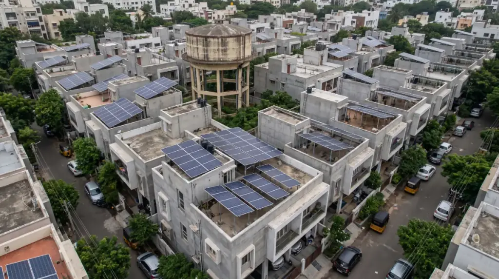 Aerial view of rooftops in T Nagar with solar panels on several terraces