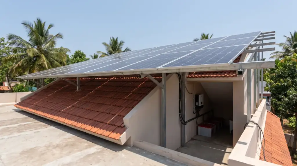 Rooftop solar system on an elevated structure over a bungalow in Tamil Nadu