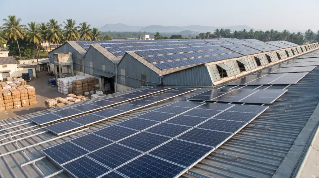 Solar array across the sawtooth roof of a textile mill, with mill compound and water tank below