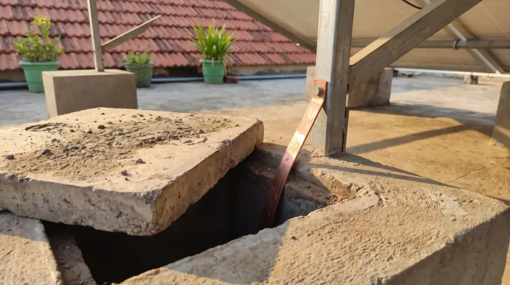 An earthing pit lid and copper earthing strip beside a rooftop solar structure leg, rooftop solar in Thirumazhisai