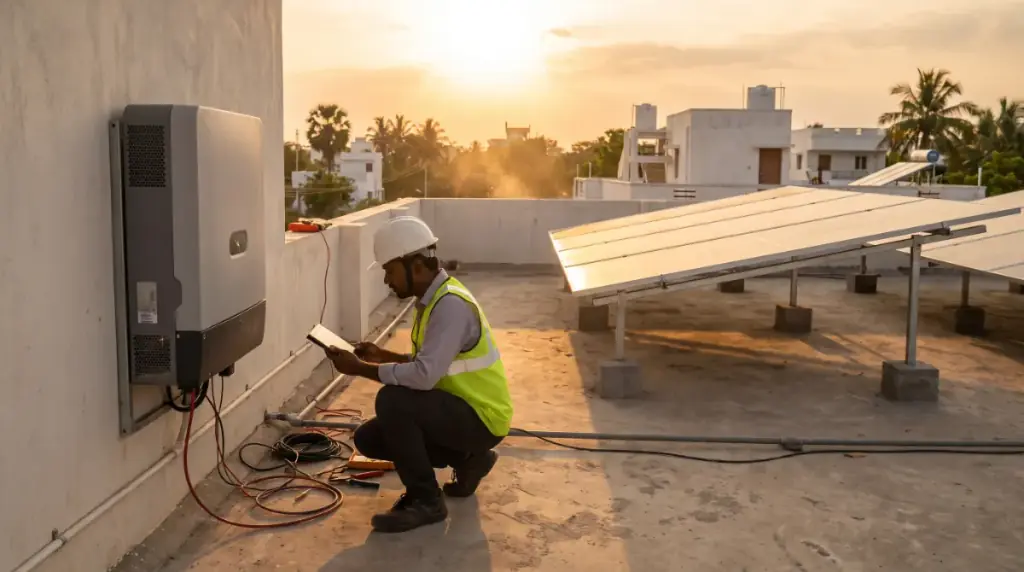 Solar installers at work on a rooftop in Thoothukudi — an engineer commissioning a system on a tablet beside a wall-mounted inverter