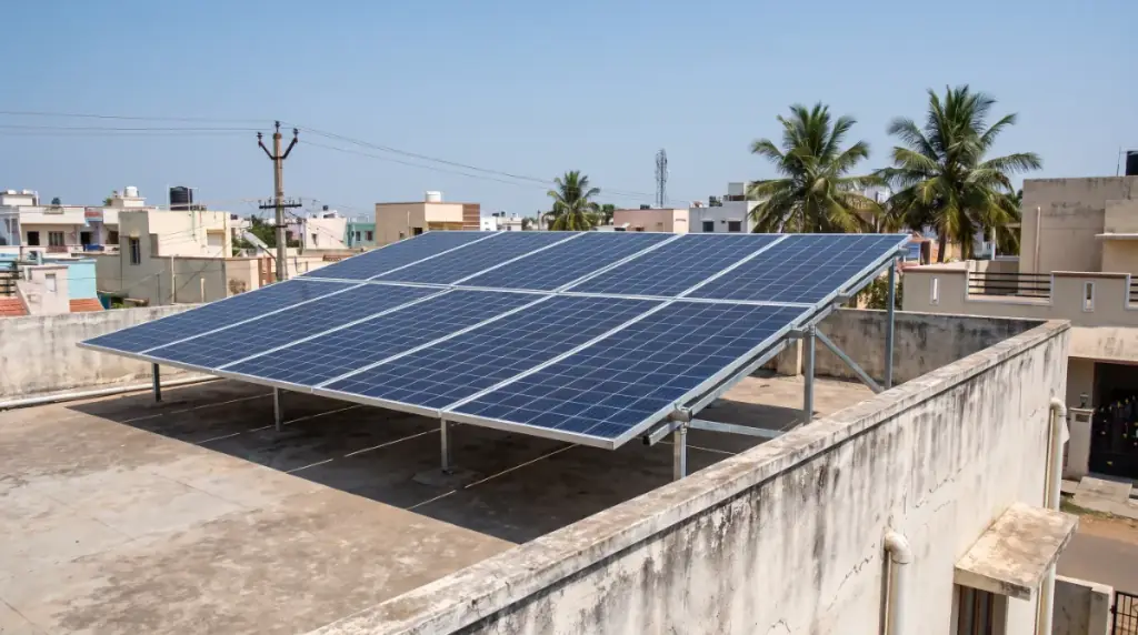 Rooftop solar system on an elevated structure over a two-storey independent house in Thoraipakkam