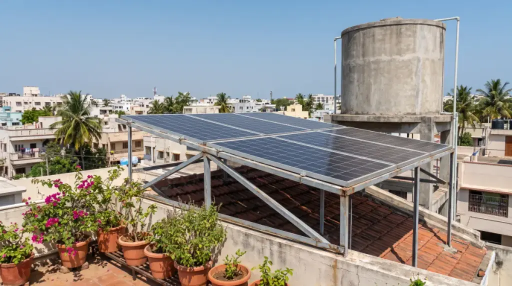 Rooftop solar system on an elevated structure over a duplex house in Thousand Lights
