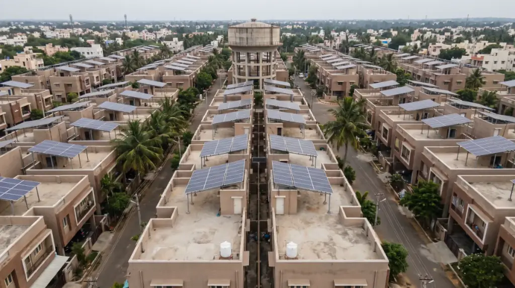 Aerial view of rooftops in Tiruchirappalli with solar panels on several terraces