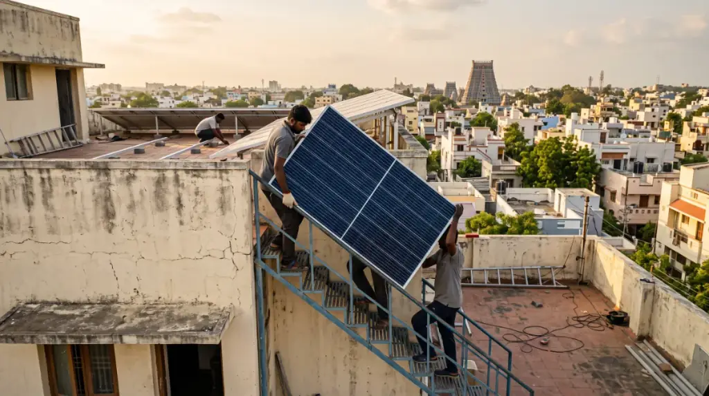 Solar installers at work on a rooftop in Tiruchirappalli — installers carrying a solar panel up an external staircase to a terrace