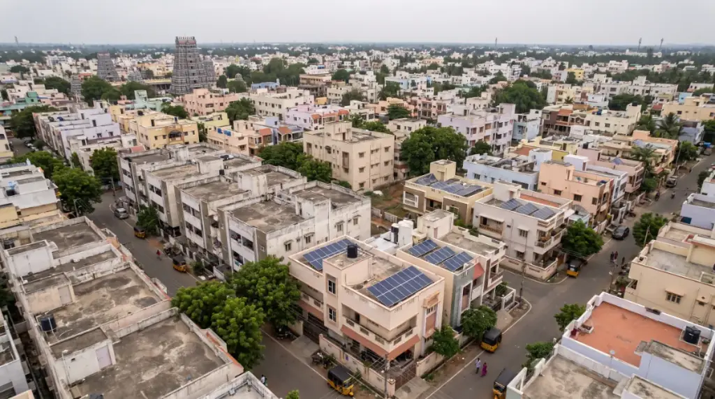 Aerial view of rooftops in Tirupur with solar panels on several terraces