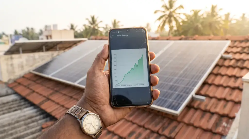 A hand holding a smartphone showing a solar generation graph, rooftop solar in Tiruvallur