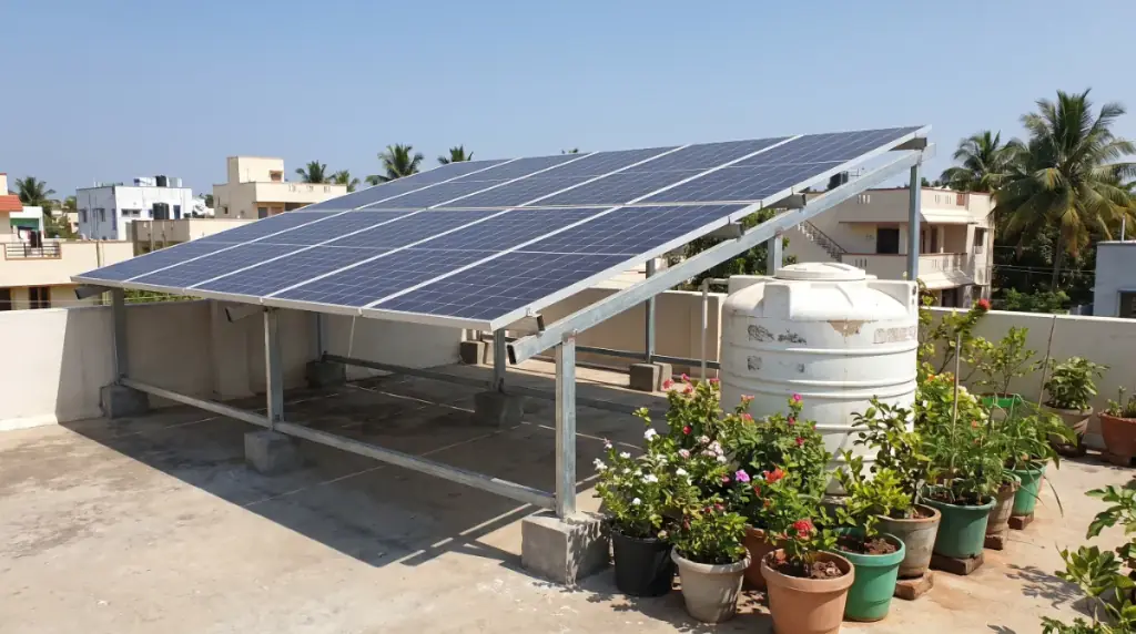 Rooftop solar system on an elevated structure over a duplex house in Tiruvallur