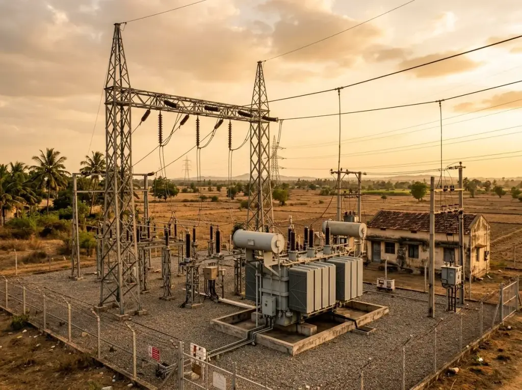 Transmission substation in Tamil Nadu where a solar plant evacuates power into the grid