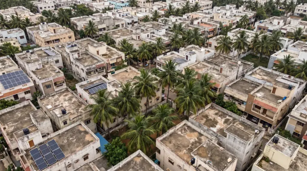 Aerial view of rooftops in Urapakkam with solar panels on several terraces