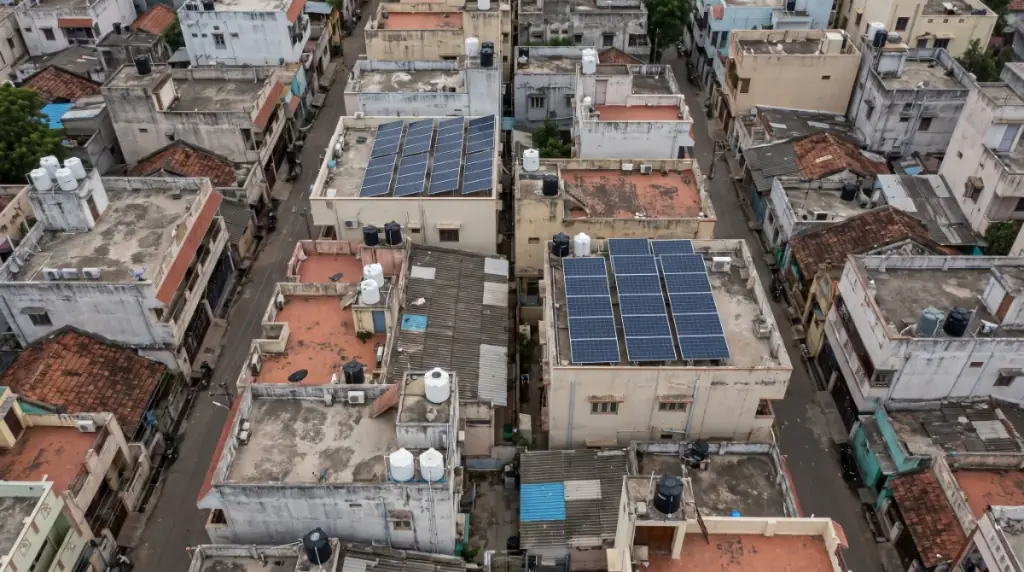 Aerial view of rooftops in Uthandi with solar panels on several terraces