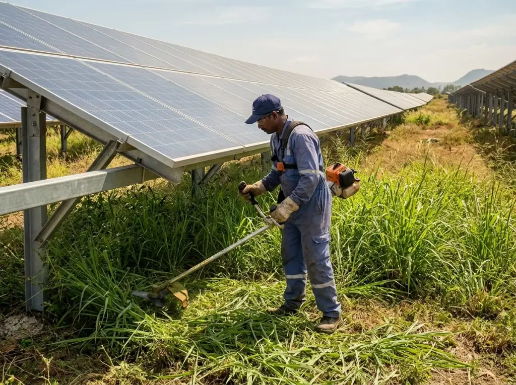 Vegetation management between rows of a ground-mount solar plant