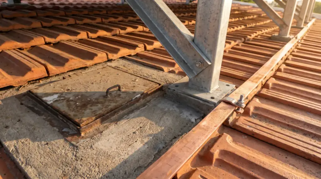 An earthing pit lid and copper earthing strip beside a rooftop solar structure leg, rooftop solar in Velachery