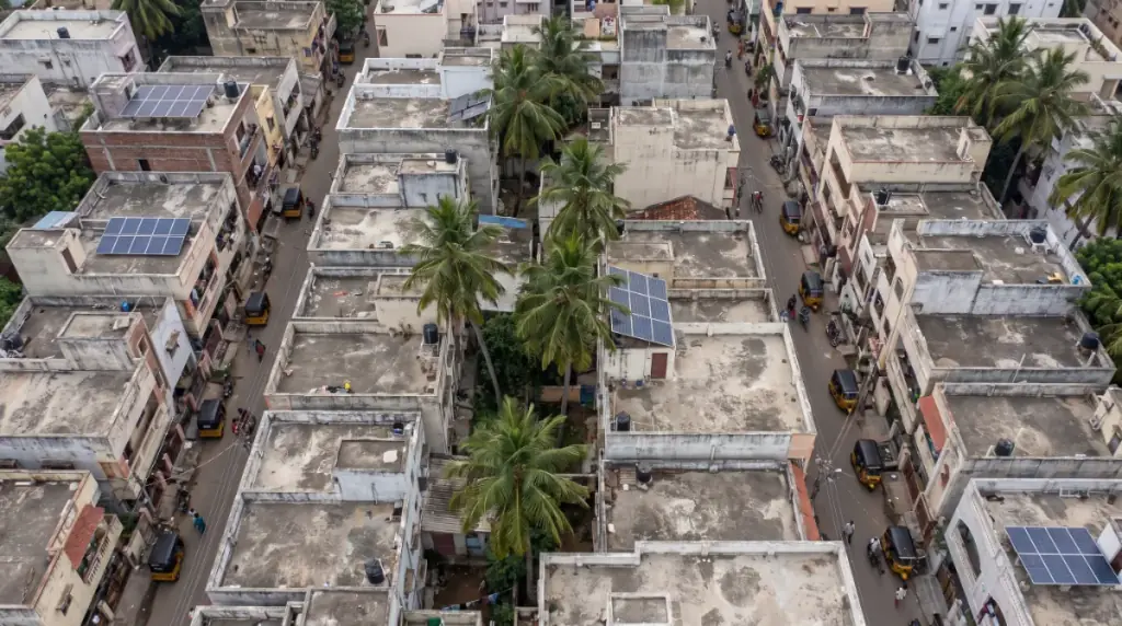 Aerial view of rooftops in Washermanpet with solar panels on several terraces